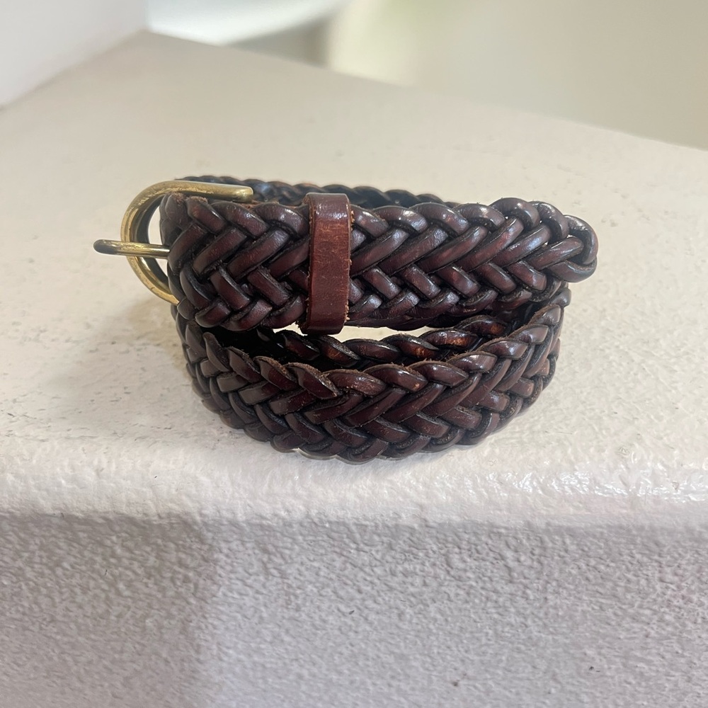 Very Distressed Braided‎ Women brown Leather Belt Solid Brass Buckle  size 38